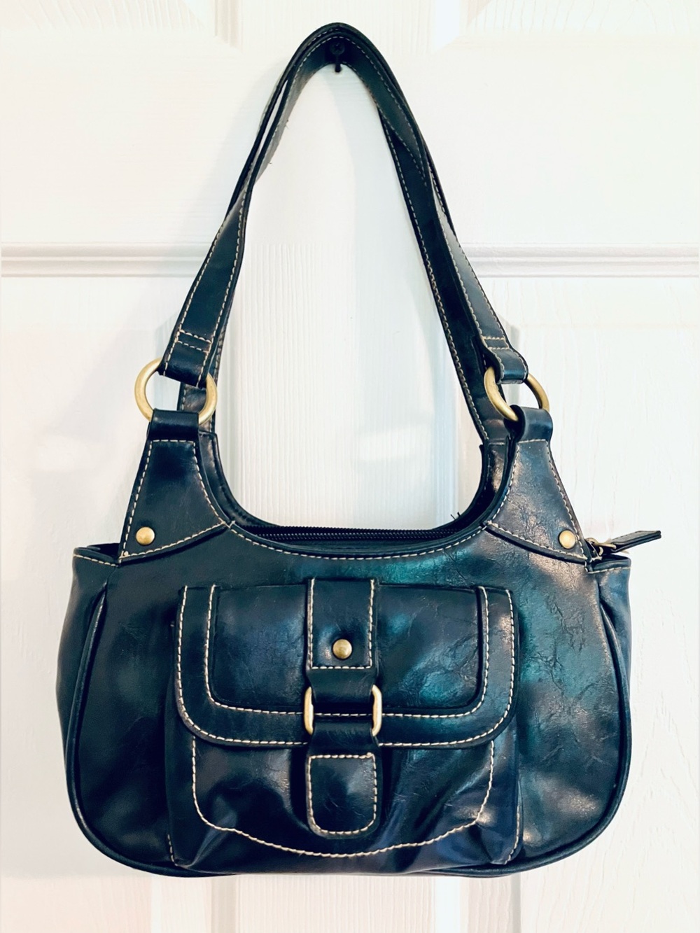 Navy Blue Shoulder Bag Purse Tote w/ Gold-Tone Accents: Faux Leather, Small